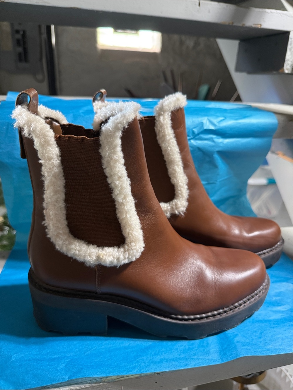 Calvin Klein Brown Chelsea Booties with Cream Faux-Shearling Trim